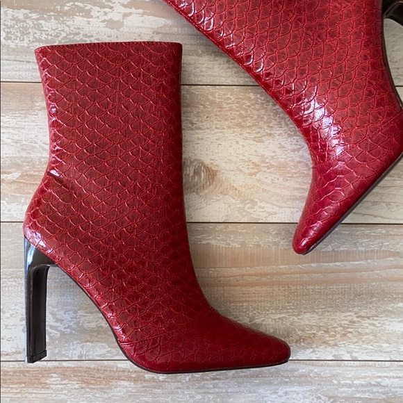 Red Patent Leather Square Toe High Heel Boots - Picture 3 of 13